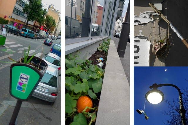 Triptyque : Des plantes dans un poteau signalant un arrêt de bus, des plantes le long d'une façade d'immeuble ou dans une paire de chaussures suspendues à un réverbère.